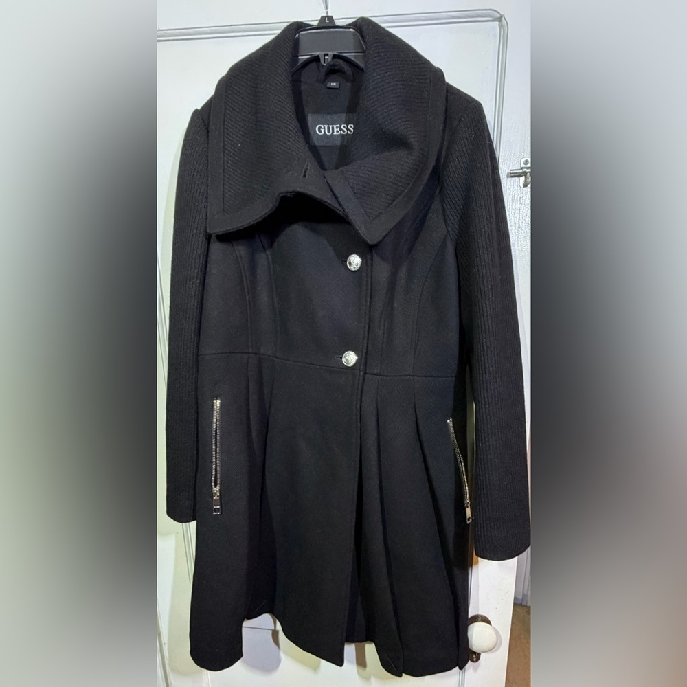 Guess Black Pea coat fit and flare with Silver buttons and zippers size large. - Picture 2 of 7